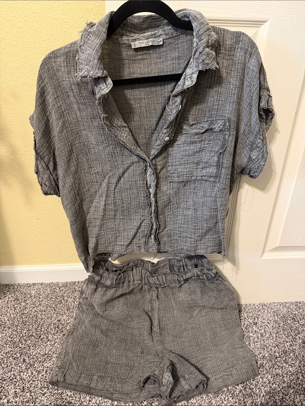 Washed Gray Cropped Button-Up Top - and matching shorts